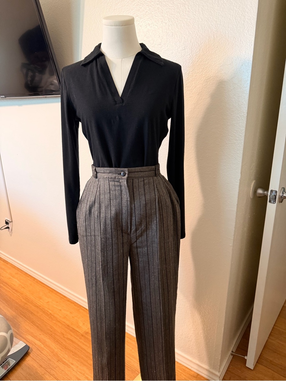 Vintage Black Top with Gray Pinstripe High-Waisted Trousers